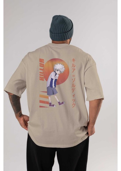 Killua Zoldyck 5 2 Anime Arka Baskılı Bej Oversize T-Shirt %100 Pamuk Erkek Kadın