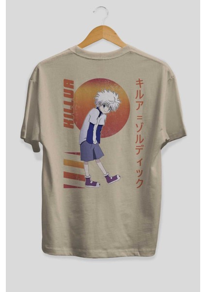 Killua Zoldyck 5 2 Anime Arka Baskılı Bej Oversize T-Shirt %100 Pamuk Erkek Kadın fiyatları