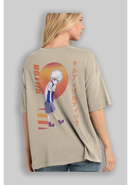 Killua Zoldyck 5 2 Anime Arka Baskılı Bej Oversize T-Shirt %100 Pamuk Erkek Kadın modelleri
