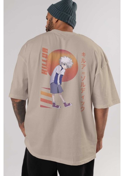 Killua Zoldyck 5 2 Anime Arka Baskılı Bej Oversize T-Shirt %100 Pamuk Erkek Kadın indirimleri