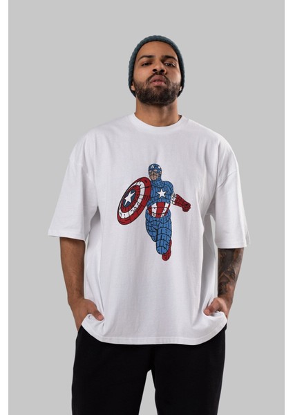 Star And Stripes Hero Ön Baskılı Beyaz Oversize T-Shirt Erkek Kadın Bisiklet Yaka