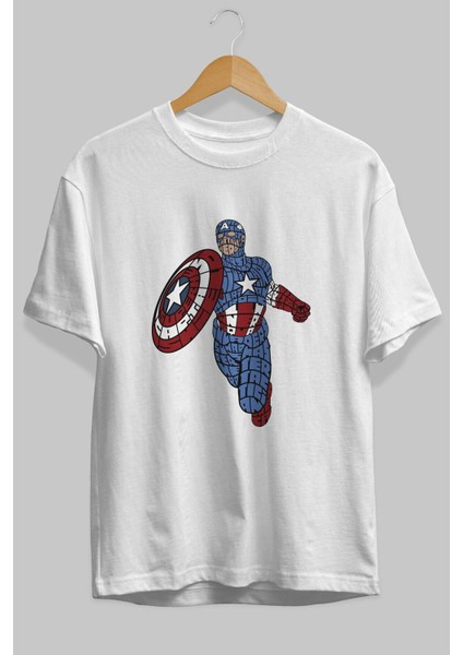 Star And Stripes Hero Ön Baskılı Beyaz Oversize T-Shirt Erkek Kadın Bisiklet Yaka fiyatları