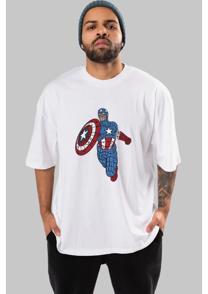 Star And Stripes Hero Ön Baskılı Beyaz Oversize T-Shirt Erkek Kadın Bisiklet Yaka modelleri