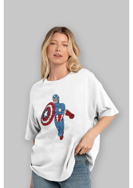Star And Stripes Hero Ön Baskılı Beyaz Oversize T-Shirt Erkek Kadın Bisiklet Yaka fırsatları