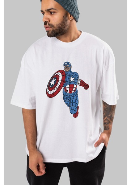 Star And Stripes Hero Ön Baskılı Beyaz Oversize T-Shirt Erkek Kadın Bisiklet Yaka indirimleri