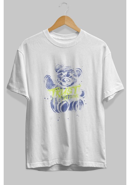 Trust The Bear Ön Baskılı Beyaz Oversize T-Shirt Erkek Kadın Bisiklet Yaka modelleri