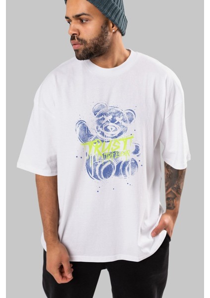 Trust The Bear Ön Baskılı Beyaz Oversize T-Shirt Erkek Kadın Bisiklet Yaka fırsatları