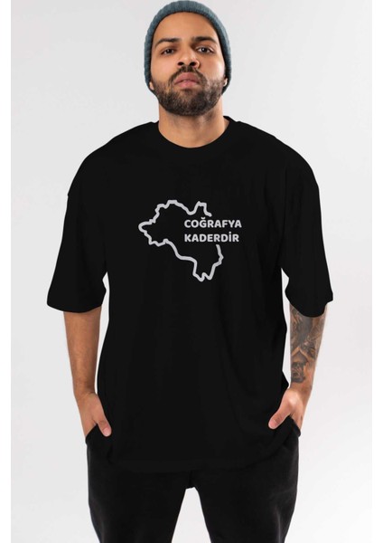 Coğrafya Kaderdir Ön Baskılı Siyah Oversize T-Shirt Erkek Kadın Bisiklet Yaka