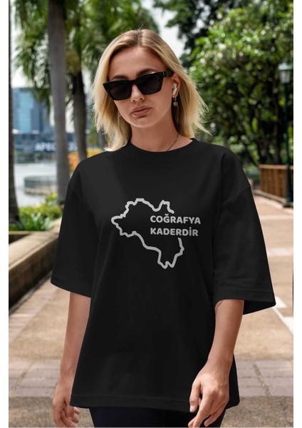 Coğrafya Kaderdir Ön Baskılı Siyah Oversize T-Shirt Erkek Kadın Bisiklet Yaka indirimleri