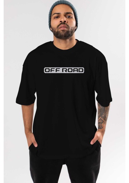 Off Road Ön Baskılı Siyah Oversize T-Shirt Erkek Kadın Bisiklet Yaka