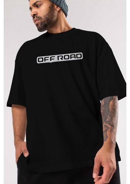 Off Road Ön Baskılı Siyah Oversize T-Shirt Erkek Kadın Bisiklet Yaka modelleri