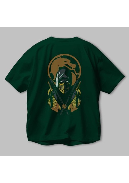 Mortal Kombat Arka Baskılı Zümrüt Yeşili Oversize T-Shirt Bisiklet Yaka Erkek Kadın modelleri