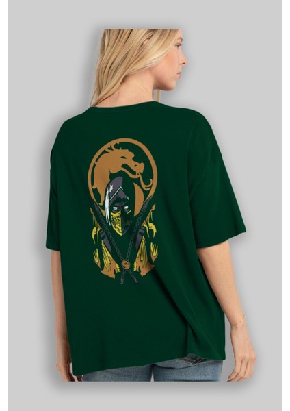 Mortal Kombat Arka Baskılı Zümrüt Yeşili Oversize T-Shirt Bisiklet Yaka Erkek Kadın fırsatları