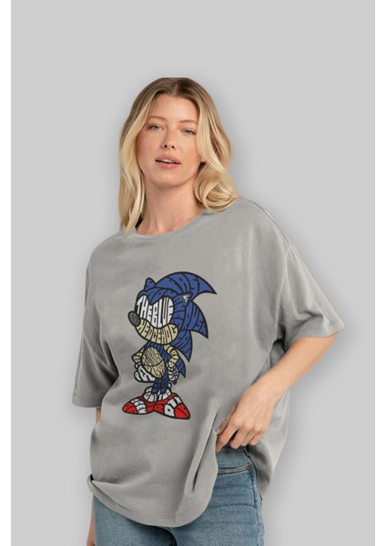 The Blue Hedgehog Ön Baskılı Gri Oversize T-Shirt Unisex Erkek Kadın Bisiklet Yaka fırsatları