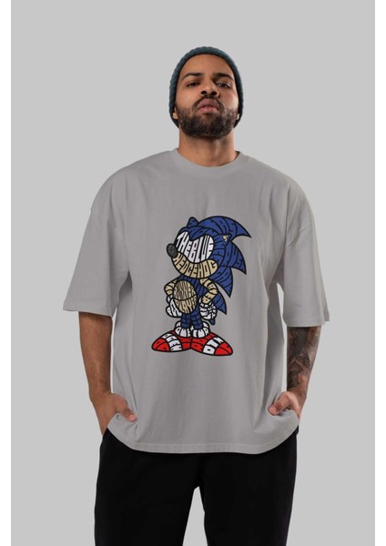 The Blue Hedgehog Ön Baskılı Gri Oversize T-Shirt Unisex Erkek Kadın Bisiklet Yaka indirimleri