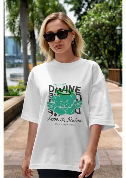 Love Is Divine Bear Ön Baskılı Beyaz Oversize T-Shirt Erkek Kadın Bisiklet Yaka fiyatları