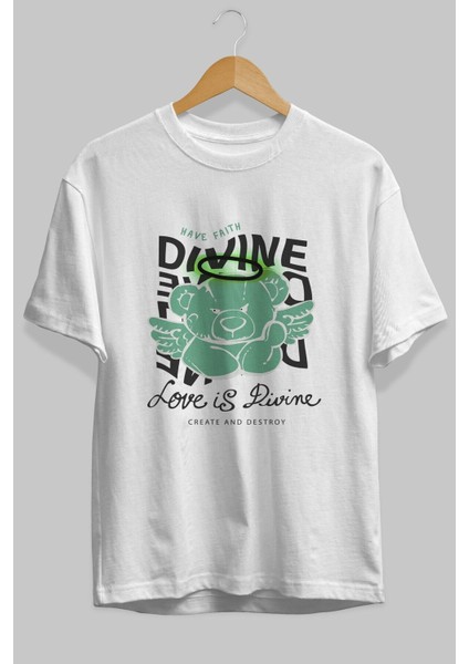 Love Is Divine Bear Ön Baskılı Beyaz Oversize T-Shirt Erkek Kadın Bisiklet Yaka modelleri