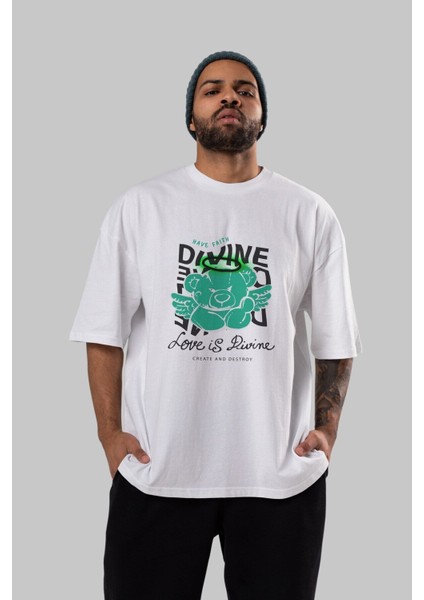 Love Is Divine Bear Ön Baskılı Beyaz Oversize T-Shirt Erkek Kadın Bisiklet Yaka indirimleri