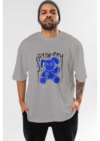 Stay Trippy Bear Ön Baskılı Gri Oversize T-Shirt Unisex Erkek Kadın Bisiklet Yaka