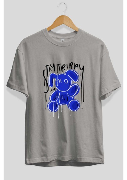 Stay Trippy Bear Ön Baskılı Gri Oversize T-Shirt Unisex Erkek Kadın Bisiklet Yaka fiyatları