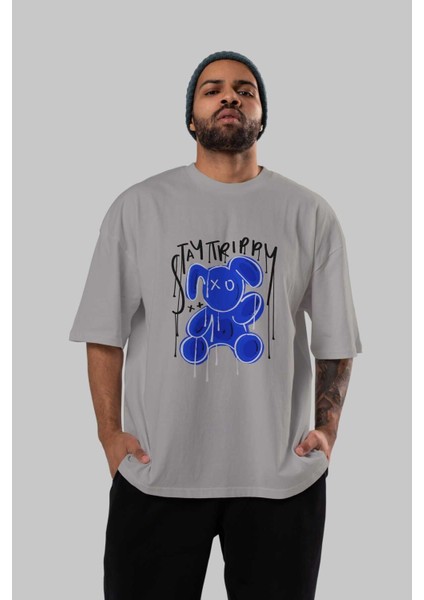 Stay Trippy Bear Ön Baskılı Gri Oversize T-Shirt Unisex Erkek Kadın Bisiklet Yaka indirimleri
