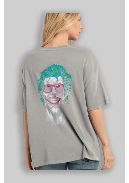 Joker 1 Arka Baskılı Gri Oversize T-Shirt Bisiklet Yaka Pamuk Erkek Kadın modelleri