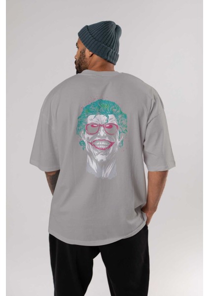 Joker 1 Arka Baskılı Gri Oversize T-Shirt Bisiklet Yaka Pamuk Erkek Kadın fırsatları