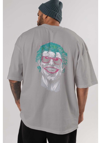 Joker 1 Arka Baskılı Gri Oversize T-Shirt Bisiklet Yaka Pamuk Erkek Kadın indirimleri