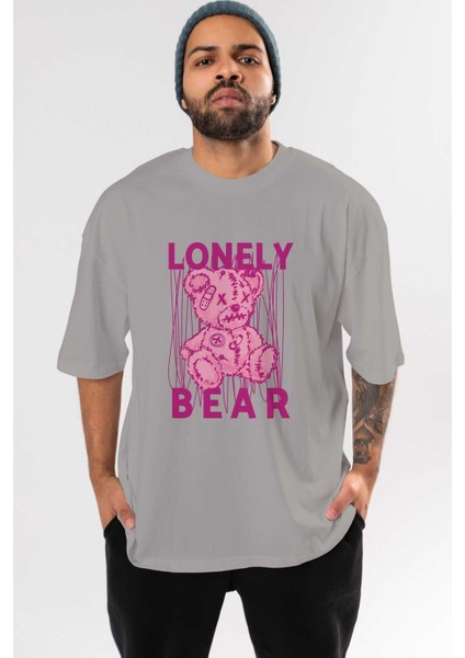 Lonely Bear Ön Baskılı Gri Oversize T-Shirt Unisex Erkek Kadın Bisiklet Yaka