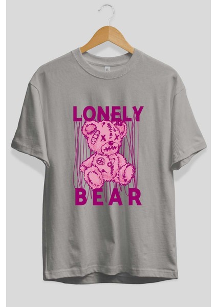 Lonely Bear Ön Baskılı Gri Oversize T-Shirt Unisex Erkek Kadın Bisiklet Yaka fiyatları