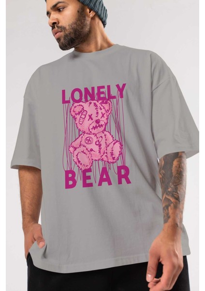 Lonely Bear Ön Baskılı Gri Oversize T-Shirt Unisex Erkek Kadın Bisiklet Yaka modelleri