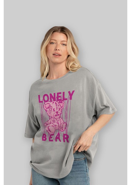 Lonely Bear Ön Baskılı Gri Oversize T-Shirt Unisex Erkek Kadın Bisiklet Yaka fırsatları