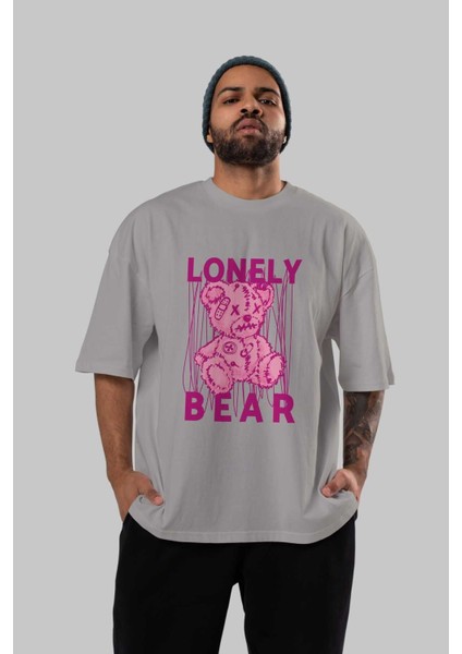 Lonely Bear Ön Baskılı Gri Oversize T-Shirt Unisex Erkek Kadın Bisiklet Yaka indirimleri