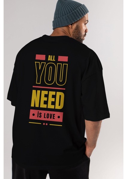 All You Need Is Love Arka Baskılı Siyah Oversize T-Shirt Erkek Kadın Bisiklet Yaka indirimleri