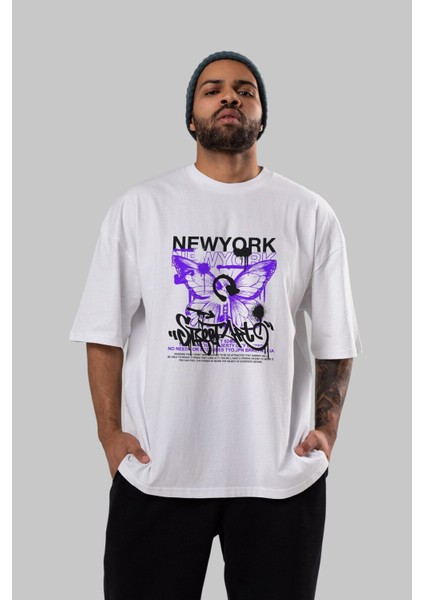 New York Street Style Ön Baskılı Beyaz Oversize T-Shirt Erkek Kadın Bisiklet Yaka