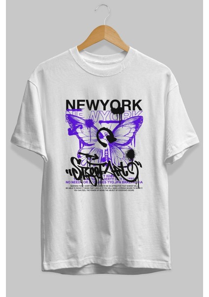 New York Street Style Ön Baskılı Beyaz Oversize T-Shirt Erkek Kadın Bisiklet Yaka indirimleri