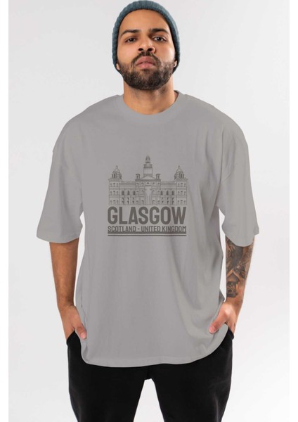 Glasgow Ön Baskılı Gri Oversize T-Shirt Unisex Erkek Kadın Bisiklet Yaka