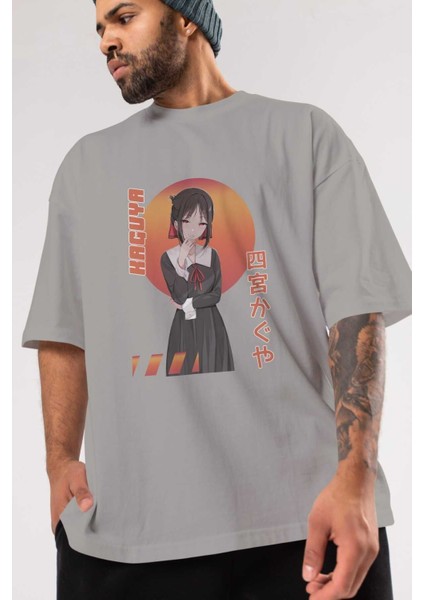 Kaguya Shinomiya 5 Anime Ön Baskılı Gri Oversize T-Shirt %100 Pamuk Erkek Kadın modelleri