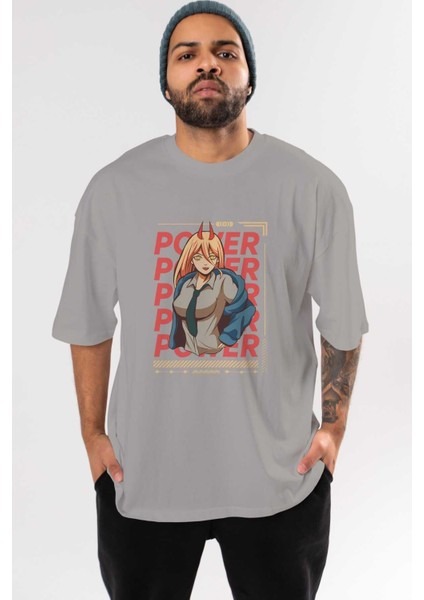 Power Ön Baskılı Gri Oversize T-Shirt Unisex Erkek Kadın Bisiklet Yaka