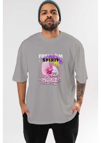 Freedom Spirit Brooklyn Ön Baskılı Gri Oversize T-Shirt Unisex Erkek Kadın Bisiklet Yaka