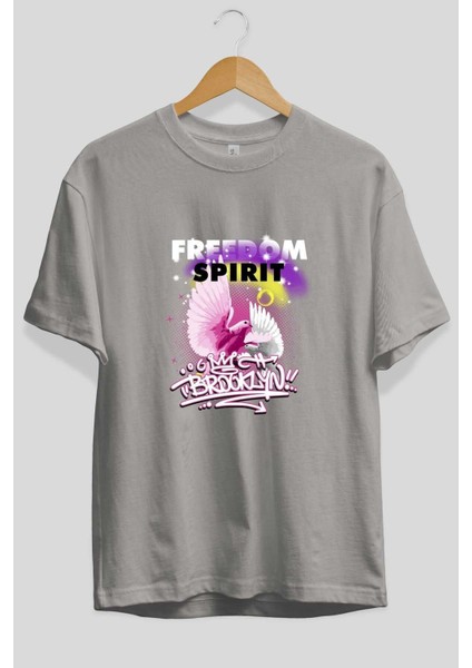 Freedom Spirit Brooklyn Ön Baskılı Gri Oversize T-Shirt Unisex Erkek Kadın Bisiklet Yaka fiyatları