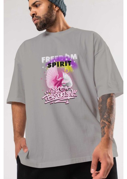 Freedom Spirit Brooklyn Ön Baskılı Gri Oversize T-Shirt Unisex Erkek Kadın Bisiklet Yaka modelleri