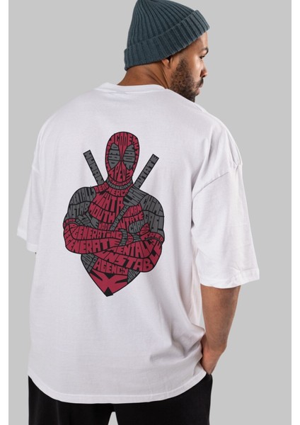 Dead Red Arka Baskılı Beyaz Oversize T-Shirt Erkek Kadın Bisiklet Yaka