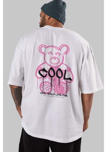 Cool Bear Arka Baskılı Beyaz Oversize T-Shirt Erkek Kadın Bisiklet Yaka