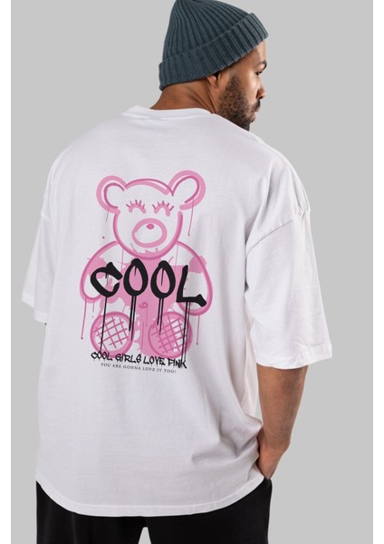 Cool Bear Arka Baskılı Beyaz Oversize T-Shirt Erkek Kadın Bisiklet Yaka modelleri