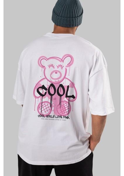 Cool Bear Arka Baskılı Beyaz Oversize T-Shirt Erkek Kadın Bisiklet Yaka fırsatları