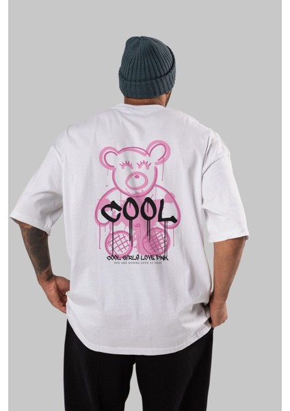 Cool Bear Arka Baskılı Beyaz Oversize T-Shirt Erkek Kadın Bisiklet Yaka indirimleri
