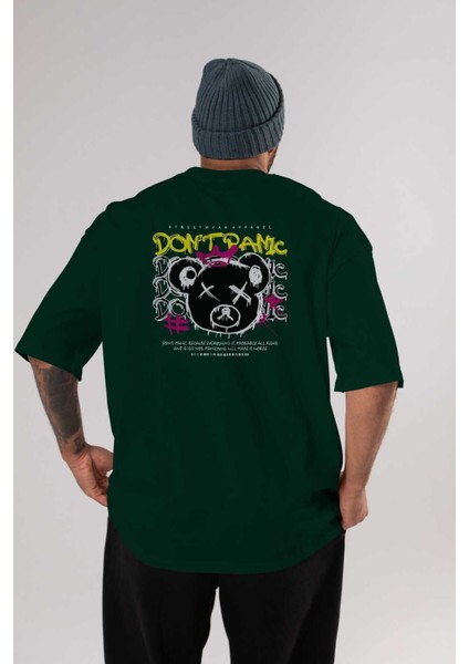 Teddy Bear Dont Panic Arka Baskılı Zümrüt Yeşili Oversize T-Shirt Erkek Kadın Bisiklet Yaka