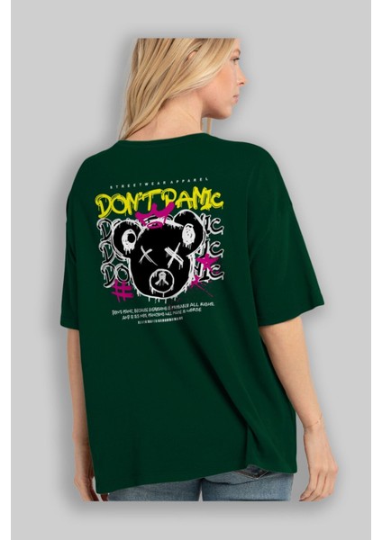 Teddy Bear Dont Panic Arka Baskılı Zümrüt Yeşili Oversize T-Shirt Erkek Kadın Bisiklet Yaka fırsatları