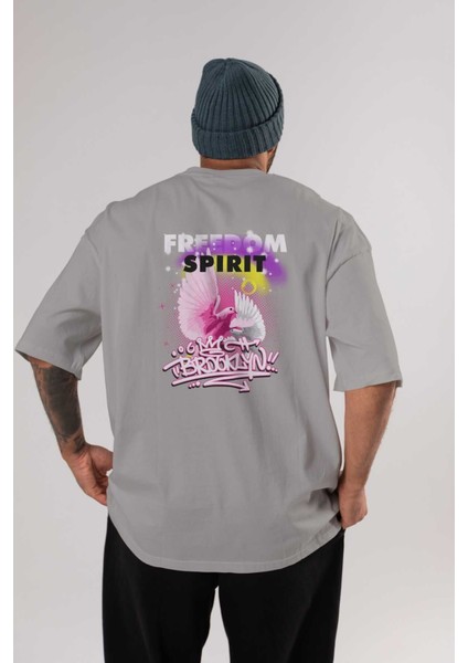 Freedom Spirit Brooklyn Arka Baskılı Gri Oversize T-Shirt Unisex Erkek Kadın Bisiklet Yaka